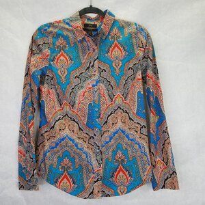 J Crew Button Up Shirt Women's Sz 4 Slim Perfect Fit Ratti Mediterranean Paisley